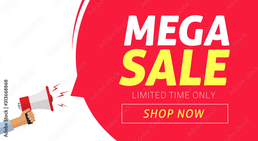 Mega sale banner design with limited time discount offer vector illustration, flat clearance promotion or special deal off web banner with megaphone template or flyer image - obrazy, fototapety, plakaty 