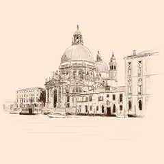 Scenery of the old city of Venice. Ancient buildings, St. Mary's Cathedral and a water channel. Pencil sketch.