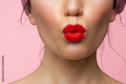 Fotomural close up the beauty of female lips with red lipstick