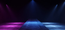 Empty Neon Purple Blue Catwalk Stage Fashion Podium Dark Night Spot Lights Sci Fi Futuristic Concrete Grunge Smoke Background 3D Rendering