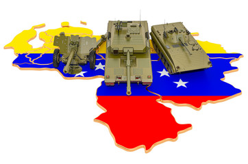 Wall Mural - Combat vehicles on Venezuelan map. Military defence of Venezuela concept, 3D rendering