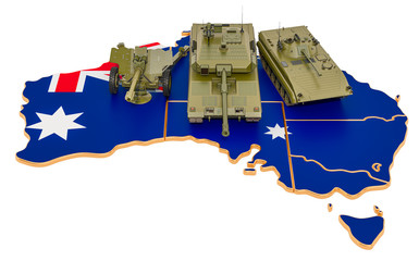 Wall Mural - Combat vehicles on Australian map. Military defence of Australia concept, 3D rendering