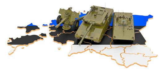 Wall Mural - Combat vehicles on Estonian map. Military defence of Estonia concept, 3D rendering