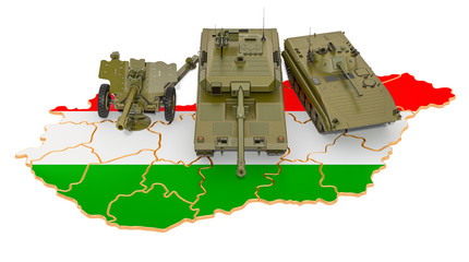 Wall Mural - Combat vehicles on Hungarian map. Military defence of Hungary concept, 3D rendering