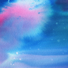 Wall Mural - big wet watercolor stain on blue painted texture. cotton paper effect. water drops and brush washes 