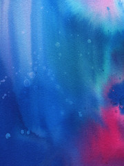 Wall Mural - blues watercolor background with water splashes. mix of indigo, turquoise and red colors. cosmic tex