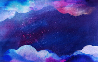 Wall Mural - watercolor clouds frame on deep blue space texture. fantasy background with paint splashes and swash