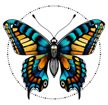Tattoo Butterfly In Circle Of Beads. Beauty Symbol