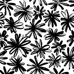 Brush flower vector seamless pattern. Hand drawn botanical ink illustration with floral motif. Camomile or daisy painted by brush.