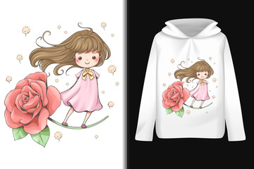 Wall Mural - Cute fairy tale, rose and grass flower pattern on white Long-sleeved hoodie, logo, mascot and sticker, cute character cartoon, vector illustration.