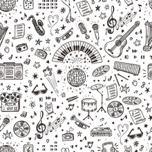 Vector Music Background. Seamless Pattern With Hand Drawn Doodle Musical Instruments, Retro Musical Equipment.