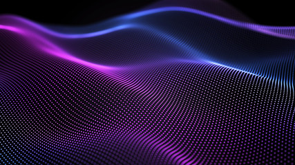 Fototapete - Futuristic dots pattern on dark background. Colored music wave. Big data digital code. Technology or Science Banner. 3D rendering