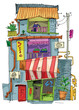 A slum poor residential overpopulated house built from garbage and occasional materials. Cartoon. Caricature.