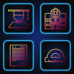 Wall Mural - Set line Protractor grid for measuring degrees, Exam sheet with check mark, Graduate and graduation cap and School building. Gradient color icons. Vector