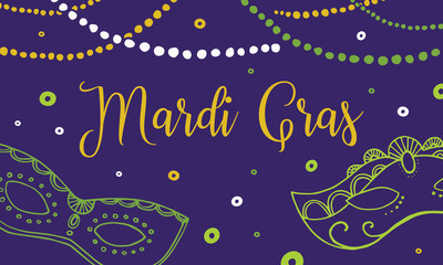 Mardi Gras design template. Composition with masks, beads and title. Vector hand drawn illustration