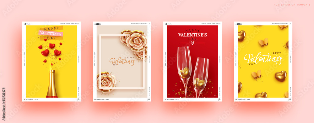 Valentines Day Set of Holiday Gift Card. Romantic banners, web poster, flyers and brochures, greeting cards, group bright covers. Design with realistic decoration objects. wedding invitations - obrazy, fototapety, plakaty 
