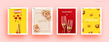 Valentines Day Set Of Holiday Gift Card. Romantic Banners, Web Poster, Flyers And Brochures, Greeting Cards, Group Bright Covers. Design With Realistic Decoration Objects. Wedding Invitations