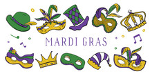 Set Of Mardi Gras Masks, Hats And Crowns. Hand Drawn Vector Color Illustration