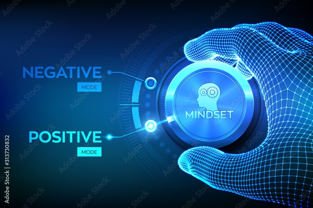Positive or negative thinking. Feel happy or unhappy. Good or bad attitude. Wireframe hand turning a knob to switch from negative to positive mindset. Psychology Concept. Vector illustration. - obrazy, fototapety, plakaty 