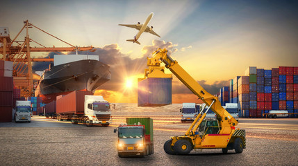 Logistics import export background and transport industry of Container Cargo freight ship and Cargo plane background, Truck transport container on the road to the port