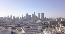 4k Drone Aerial Downtown Los Angeles With Traffic, Bikes, Skyline, City Hall, Police Building