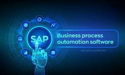 Wall Mural - SAP Business process automation software. ERP enterprise resources planning system concept on virtual screen. Robotic hand touching digital interface. AI. Artificial intelligence. Vector illustration.