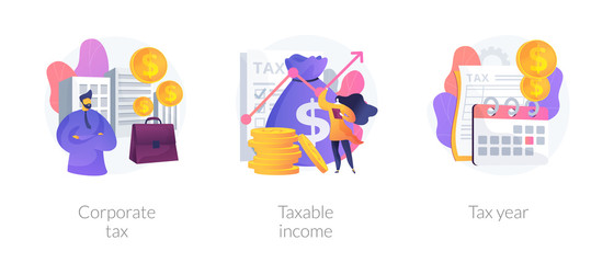 Poster - Tax payment flat icons set. Company auditing. Bookkeeping and accounting, finance analytics. Corporate tax, taxable income, tax year metaphors. Vector isolated concept metaphor illustrations