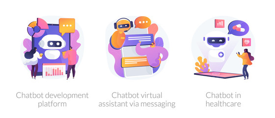 Canvas Print - Chat bot, support automated technologies. Chatbot development platform, chatbot virtual assistant via messaging, chatbot in healthcare metaphors. Vector isolated concept metaphor illustrations.