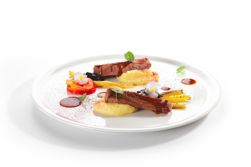 Poster - Fried Duck Breast with Baked Plum and Glazed Rhubarb Isolated