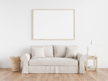 Cozy Interior Poster Mock Up With Horizontal White Frames, Beige Sofa On Wooden Floor, Wooden Side Table And Table Lamp In Living Room With White Wall. 3d Illustrations.