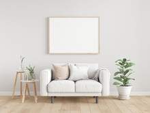 Scandinavian Interior Poster Mock Up With Horizontal Wooden Frames, Light Grey Sofa On Wooden Floor, Wooden Side Table And Green Plant In Living Room With White Wall. 3d Illustrations.