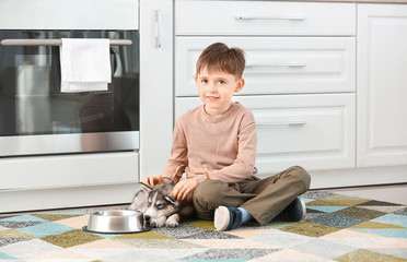 Wall Mural - Little boy with cute husky puppy and bowl for food in kitchen