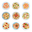 Different Pasta Served on Plate Top View Vector Set