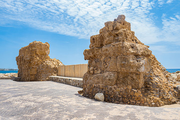 Cyprus. Pathos. Archaeological Mezey. Excavations against the blue sky. Ancient sights of Cyprus. Ruins in the city of Paphos. Open-air museum. Sea tour to Cyprus. Vacations in the Mediterranean Sea