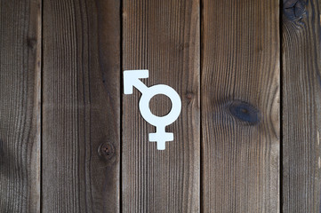 male and female symbol for gender equality cut out of paper on a wooden background