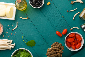 Wall Mural - Ingredients for preparing tasty and healthy dishes. Space for design. Culinary, gastronomy and menu.