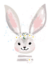 Greeting Card With A Portrait Of A Cute Rabbit. Bunny With A Wreath Of Flowers On His Head. Animal Vector Illustration Isolated On White Background.