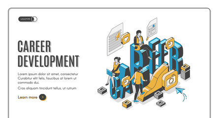Career development isometric landing page. Businesspeople work in internet using gadgets climbing up by growing data chart. Employees working boost, job 3d vector line art illustration, web banner