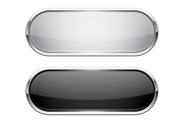 Wall Mural - web buttons. black and white shiny oval icons with chrome frame