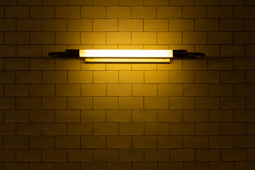 Wall Mural - Neon Leuchte Lampe Wand Fliesen Vintage Lichtschein gelb Hintergrund Stimmung alt gemütlich