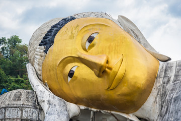 Saraburi , Thailand - January, 01, 2020 : Big buddha reclining that high than 30 meters at wat Pha Swang Boon, Saraburi, Thailand