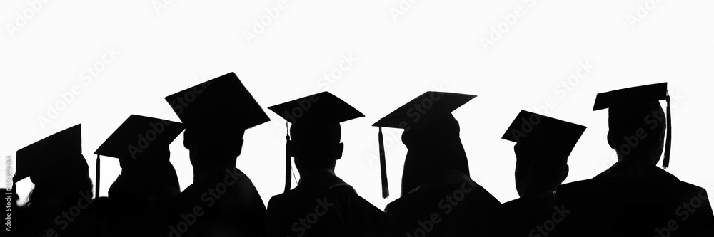 Silhouettes of students with graduate caps in a row isolated on white panoramic background. Graduation ceremony at university web banner. - obrazy, fototapety, plakaty 