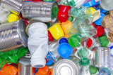 Fototapeta Konie - Recyclable waste, plastic bottle, packaging, tin can