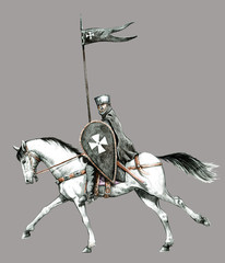 Wall Mural - Medieval mounted knight illustration. Knight Hospitaller on horseback. Handmade drawing.