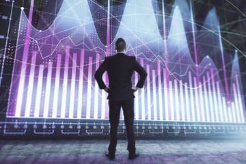 Wall Mural - Businessman and forex graph hologram. Double exposure. Concept of financial education and analysis