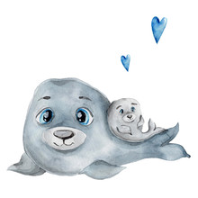 Watercolor Seals Mom And Baby And Blue Hearts; Hand Draw Illustration; With White Isolated Background