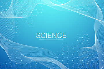 Hexagons abstract background with geometric particles shapes. Science, technology and medical concept. Graphic futuristic background wave flow hex for your design. Vector illustration banner