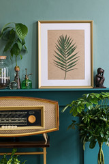 Poster - Interior design of living room with gold mock up photo frame on the green shelf with beautiful plants in different design pots, retro radio and elegant personal accessories. Home gardening. Template. 