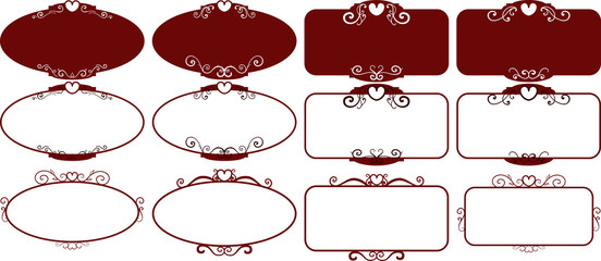 Set dark red square vintage frames, design elements. Sketch hand drawn. Decorative border with heart for valentine. illustration isolated background