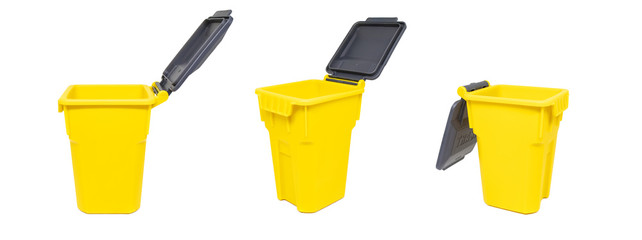 Set of yellow plastic bins or garbage trash isolated on white background.